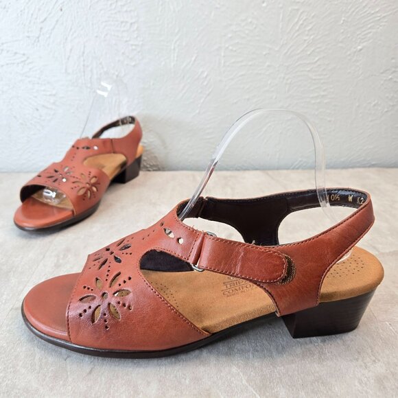 SAS Sunburst Comfort Sandals Size 10.5 Wide Fit Leather Brown Open Toe Low Heel - Picture 1 of 12